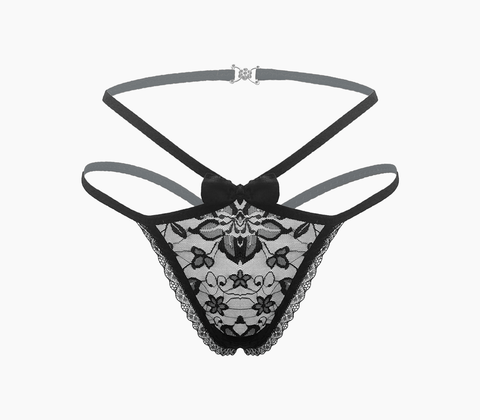 Love In Leather Full Lace G-String Crotchless Panties OS - G-Strings, Panties and Shorts