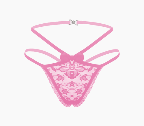 Love In Leather Full Lace G-String Crotchless Panties OS - G-Strings, Panties and Shorts