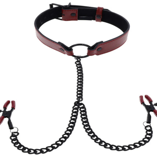 Saffron Bondage Collar with Nipple Clamps - Nipple and Clit Clamps