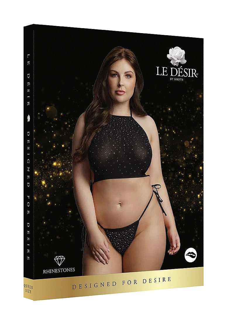 Le Desir Festive Rhinestone Womens Top and Thong Black - - Bras and Bra Sets