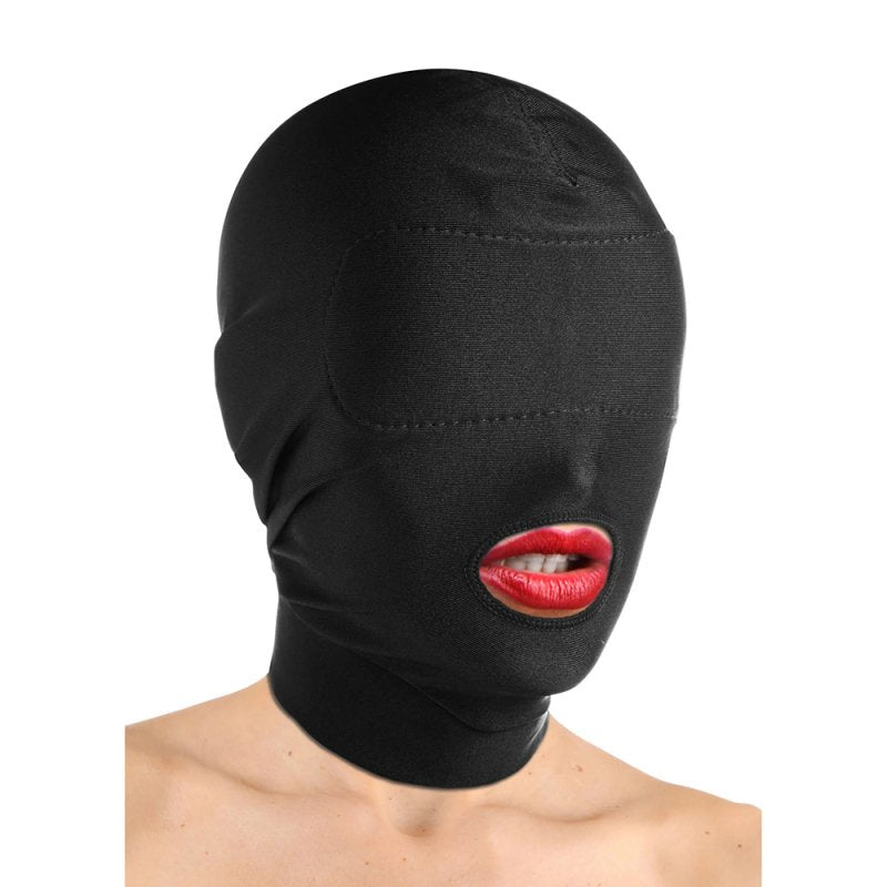 Spandex Open Mouth Hood With Padded Blindfold - Black - Bondage Hoods